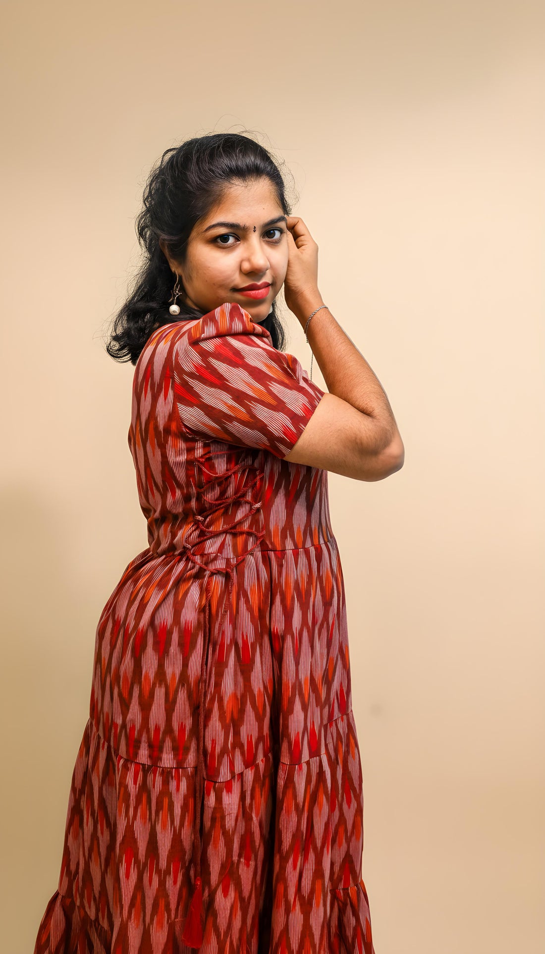 Maroon Ikkat Cotton Three Tier Maxi with Adjustable Side Corsets