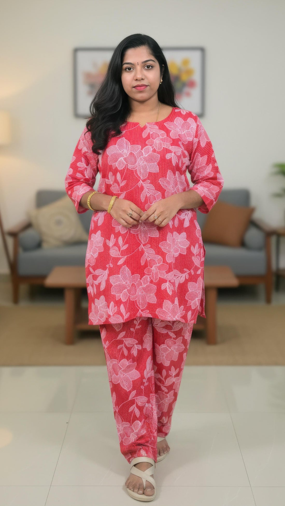 Red Hand Block Cotton Mid Length Kurti with Trouser Co-Ord Set