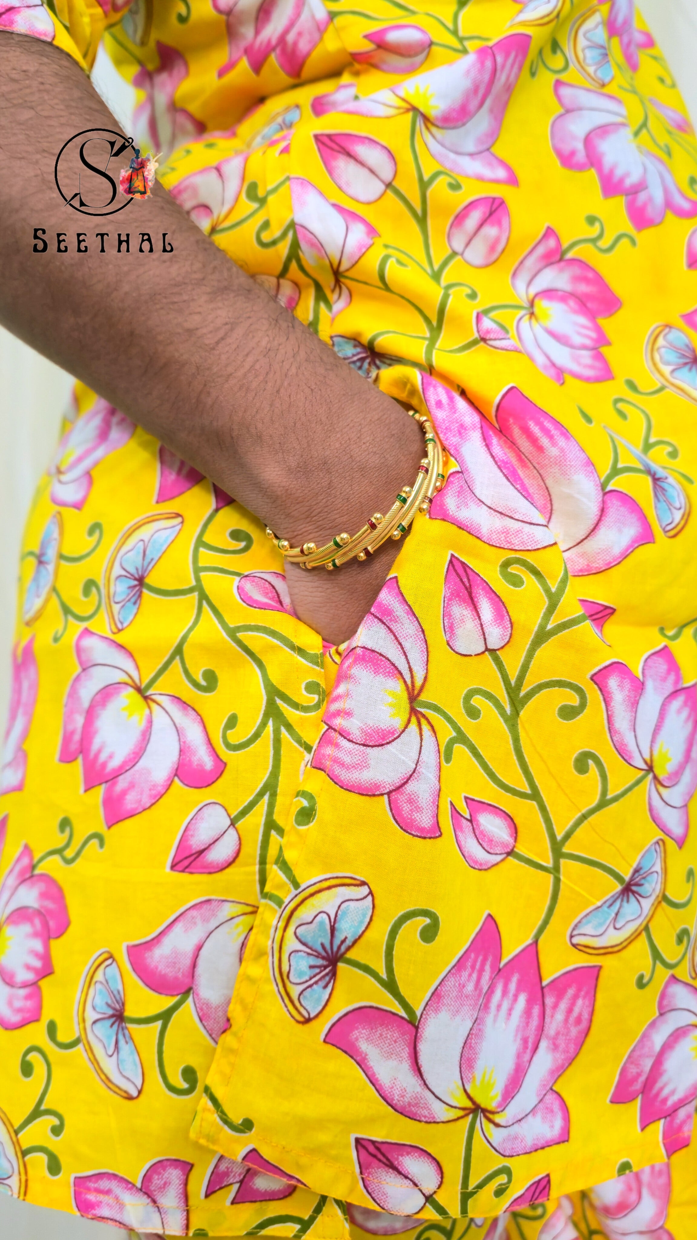 Yellow Hand Block Printed Cotton Mid Length Kurti With Trouser Co-Ord Set