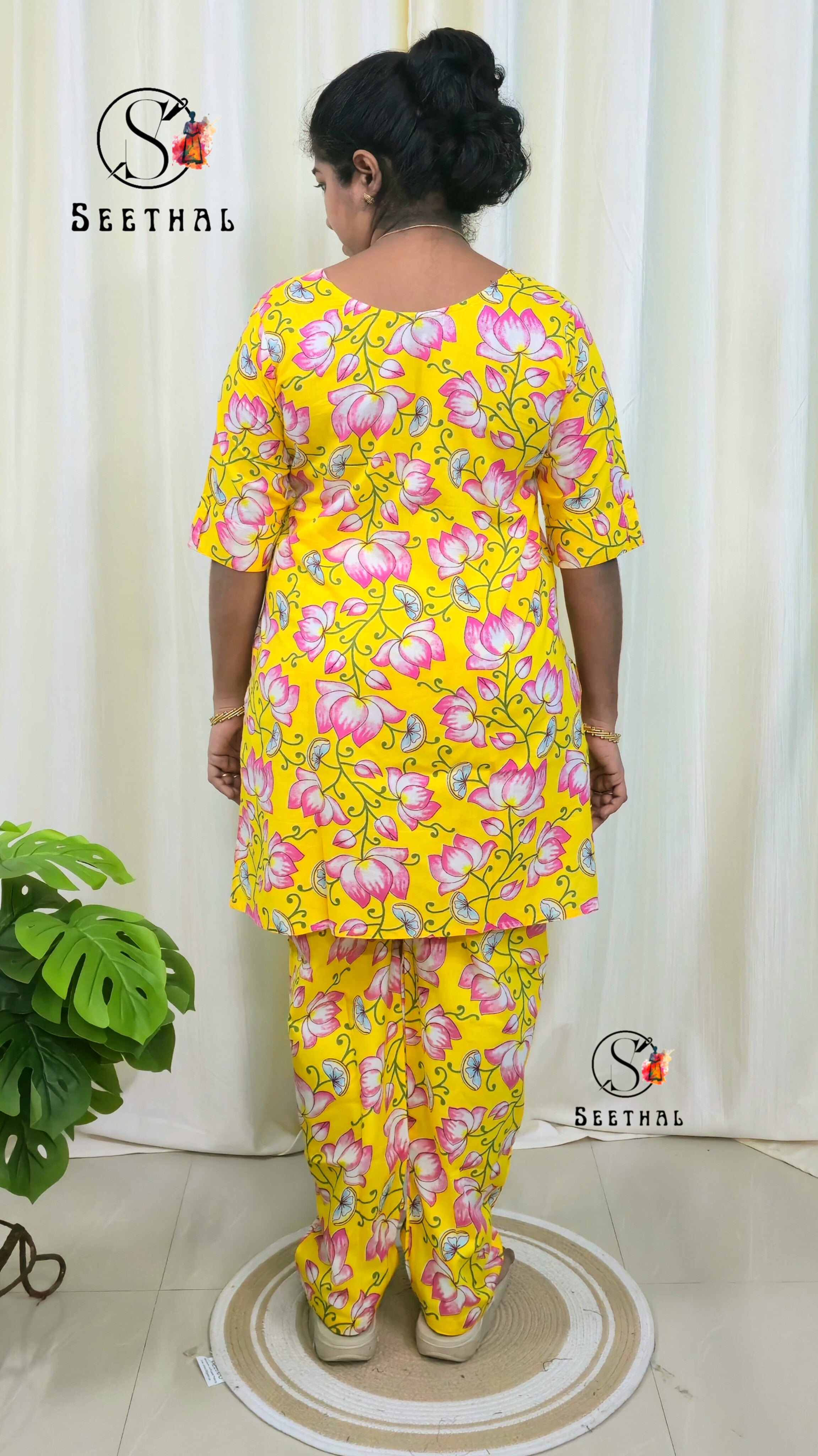 Yellow Hand Block Printed Cotton Mid Length Kurti With Trouser Co-Ord Set