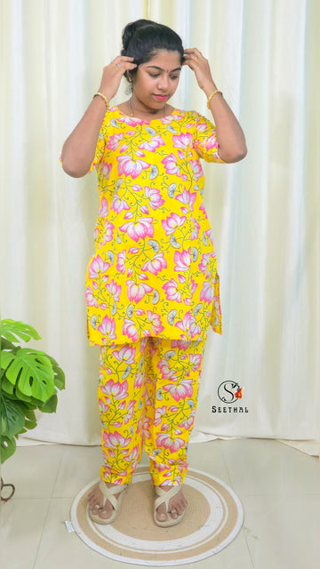 Yellow Hand Block Printed Cotton Lounge Wear