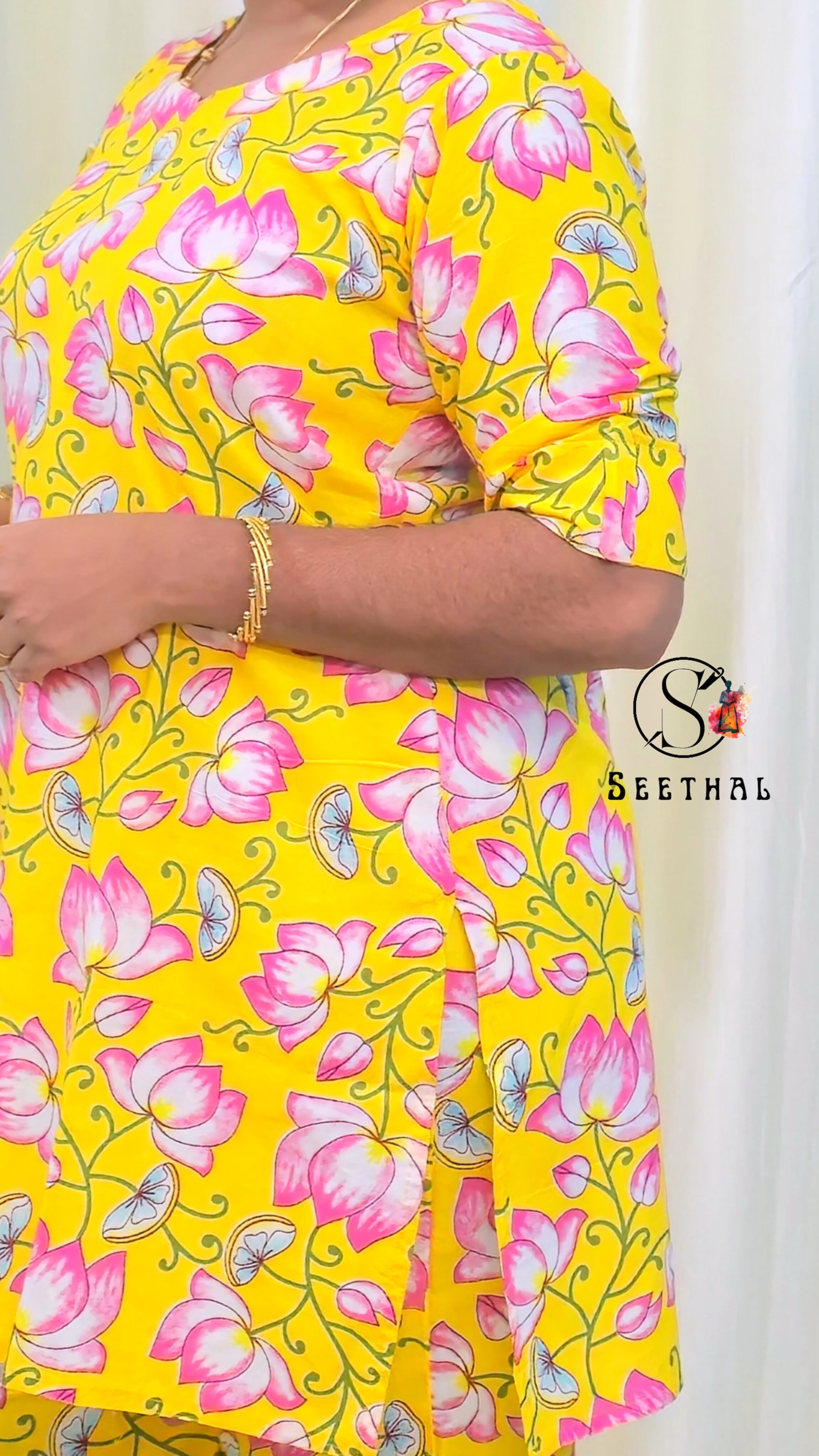 Yellow Hand Block Printed Cotton Mid Length Kurti With Trouser Co-Ord Set