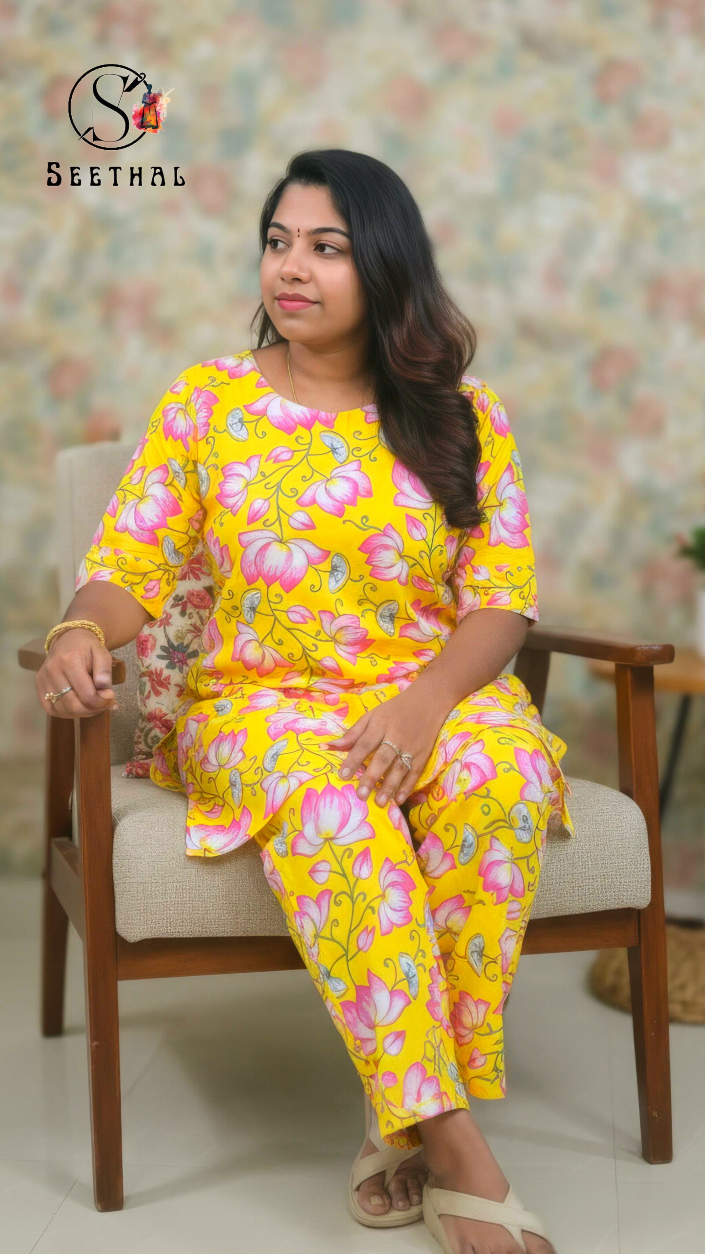 Yellow Hand Block Printed Cotton Mid Length Kurti With Trouser Co-Ord Set