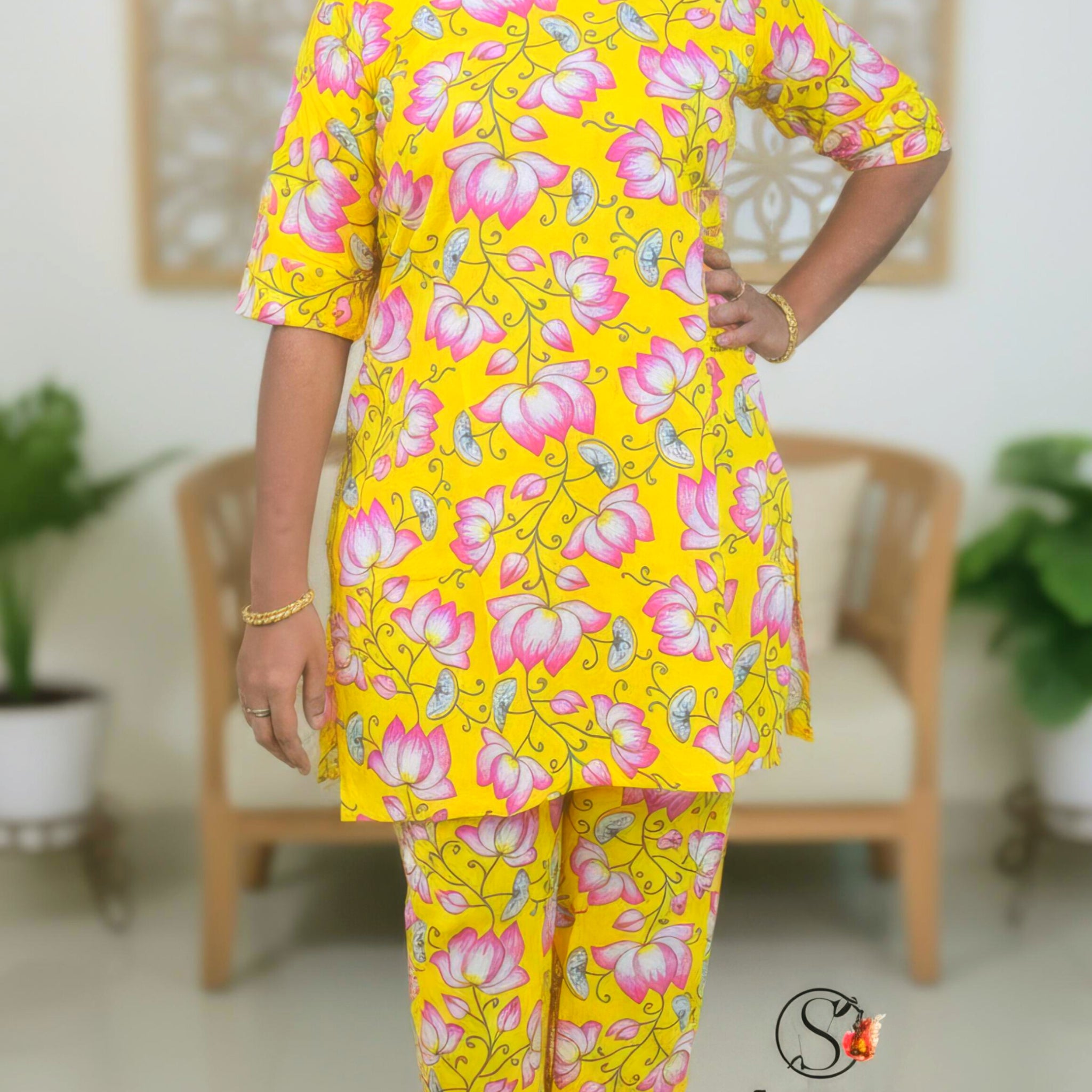 Yellow Hand Block Printed Cotton Mid Length Kurti With Trouser Co-Ord Set