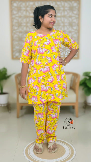 Yellow Hand Block Printed Cotton Mid Length Kurti With Trouser Co-Ord Set