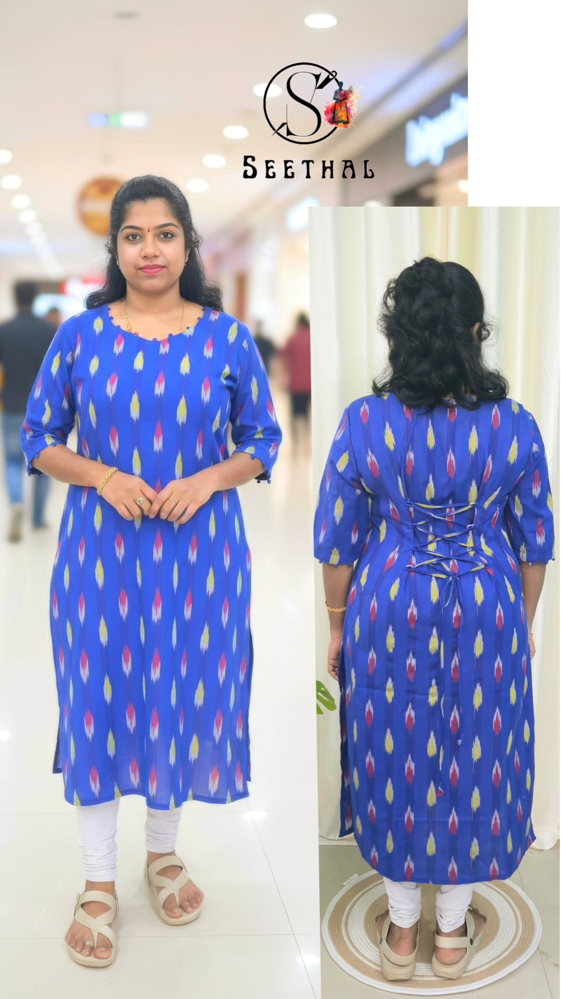 Royal Blue Ikkat Cotton Side Slit Kurti with Adjustable Back Corset