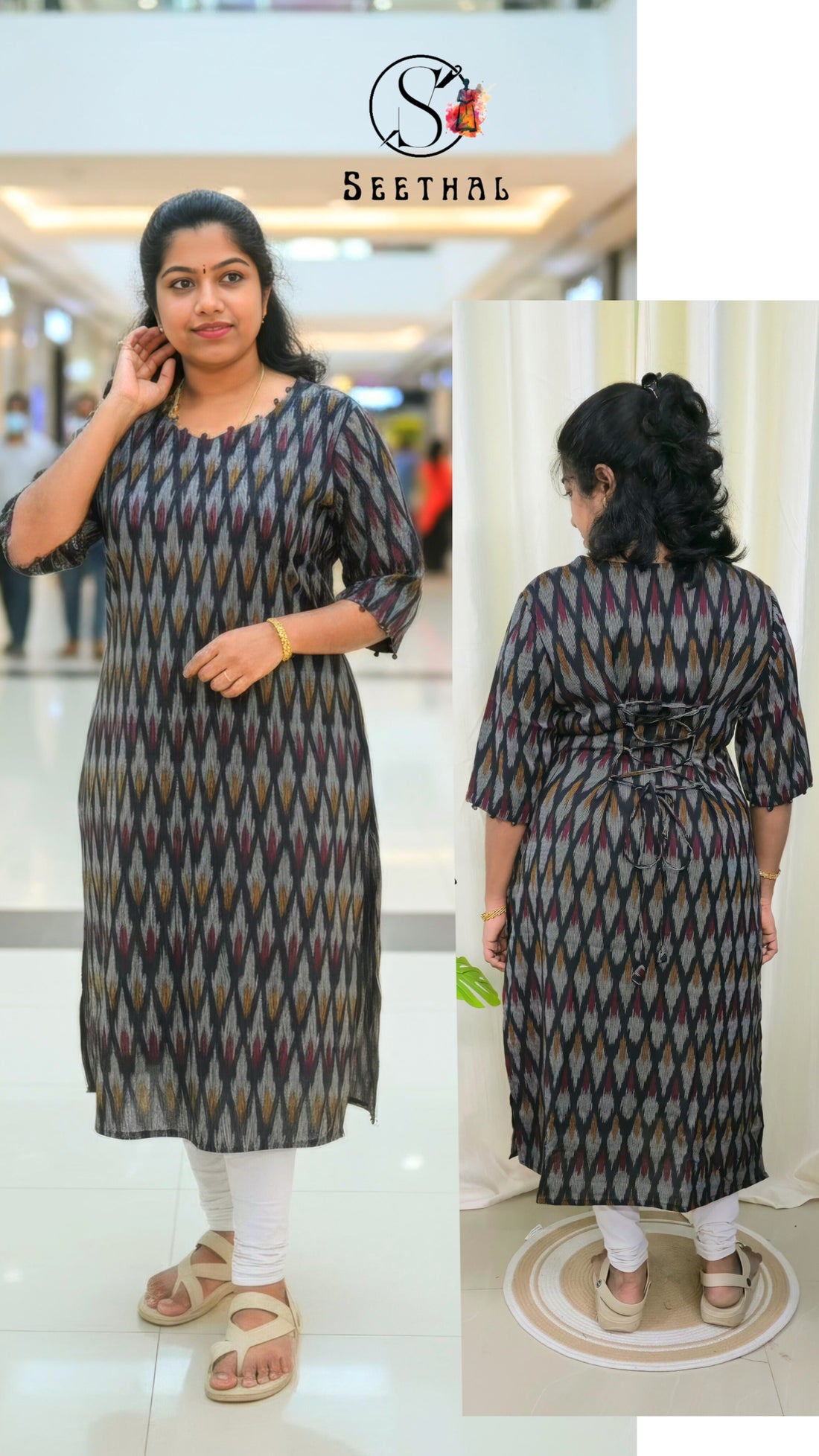 Black Ikkat Cotton Side Slit Kurti with Adjustable Back Corset