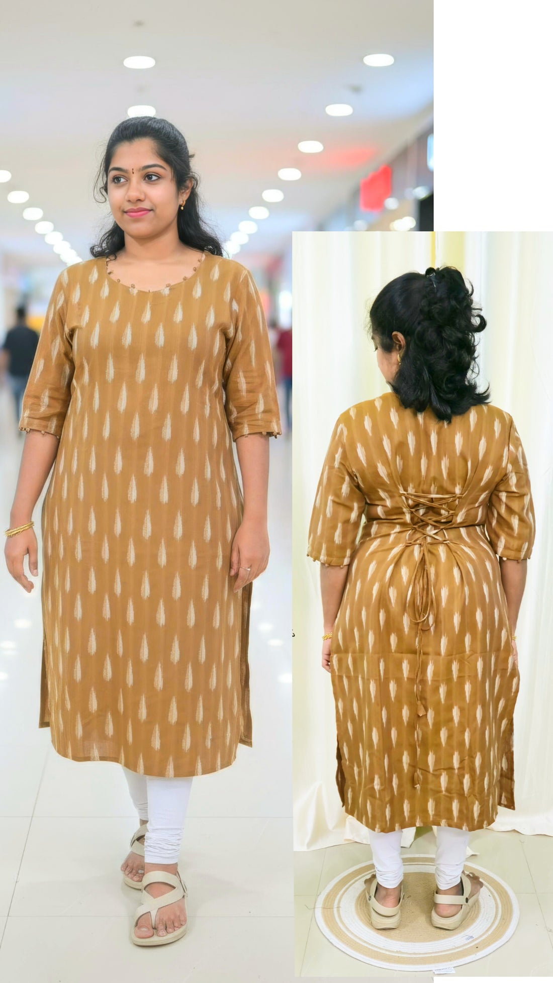 Chocolate Brown Ikkat Cotton Side Slit Kurti with Adjustable Back Corset