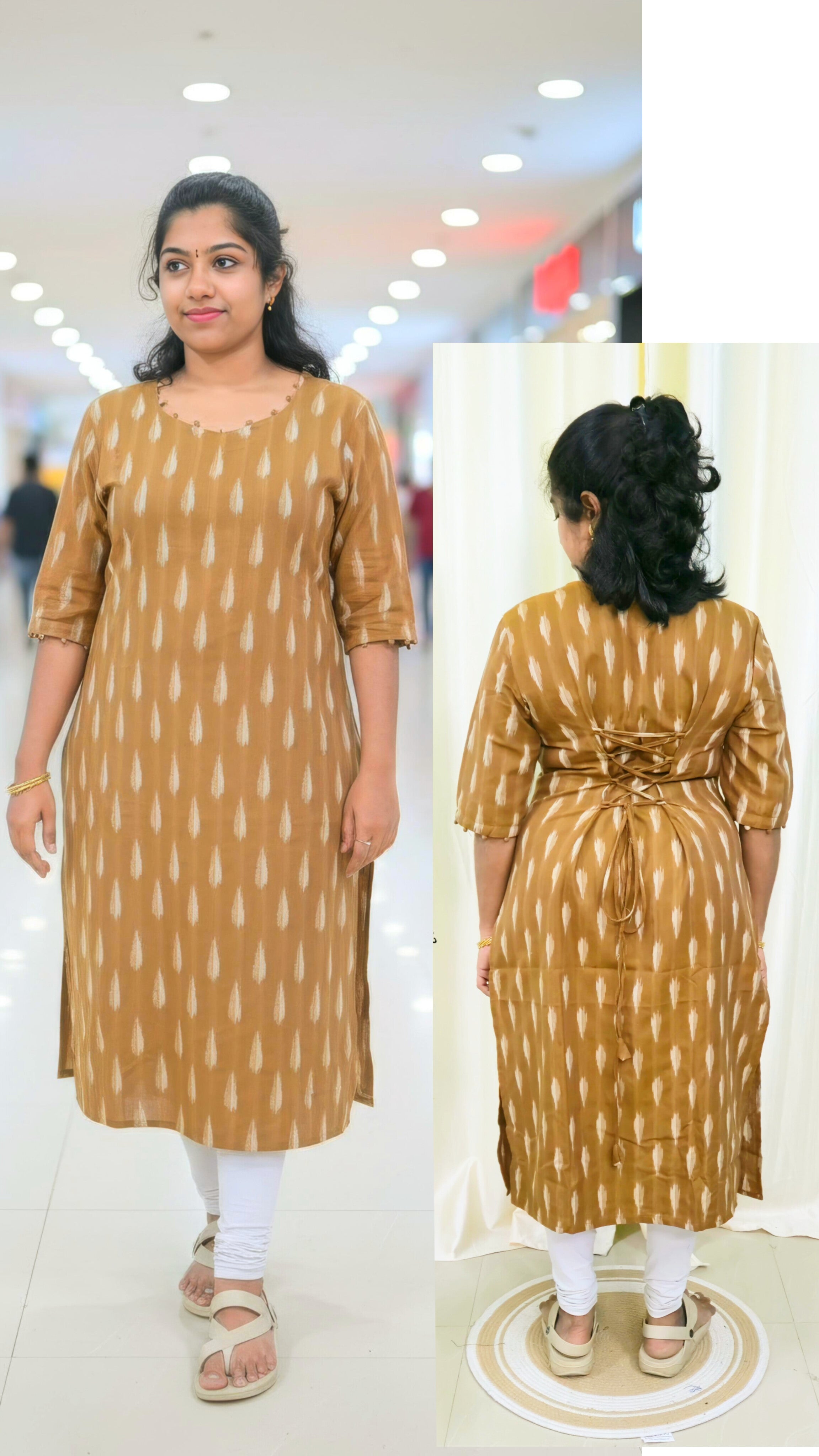 Chocolate Brown Ikkat Cotton Side Slit Kurti with Adjustable Back Corset