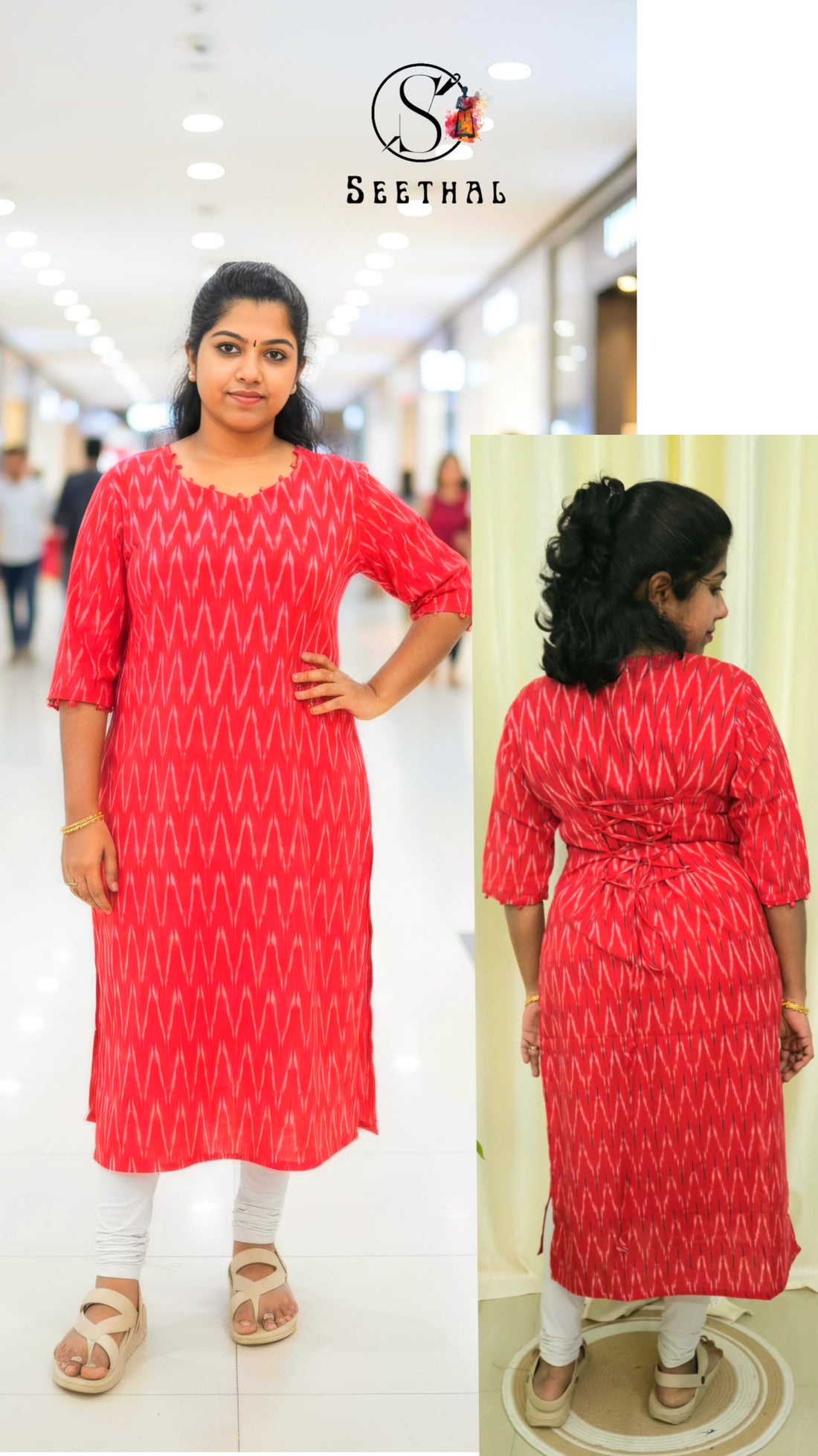Red Ikkat Cotton Side Slit Kurti with Adjustable Back Corset