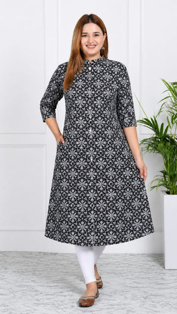 Black Printed Cotton Princess Cut Side Closed Kurta  (Only Kurta)