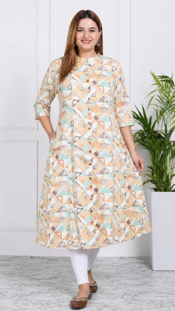 Skin  Printed Cotton Princess Cut Side Closed Kurta  (Only Kurta)