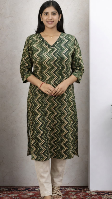 Mehndi Green Printed Cotton Side Slit Kurta (Only Kurta)