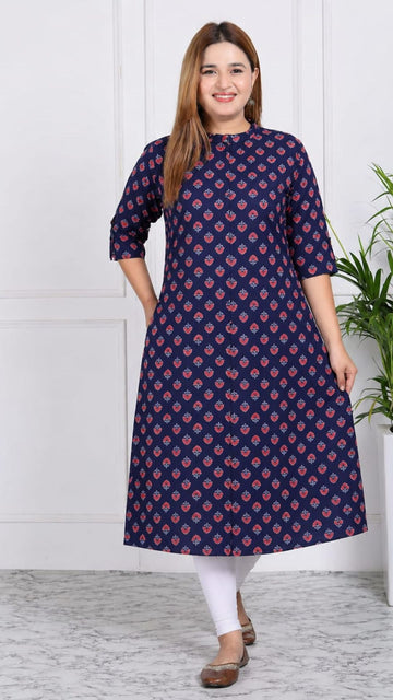 Navy Blue Printed Cotton Princess Cut Side Closed Kurta  (Only Kurta)