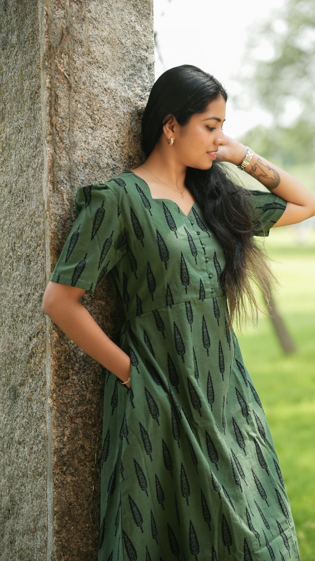 Sage Green Bagru Printed Circular Maxi - Full Lining