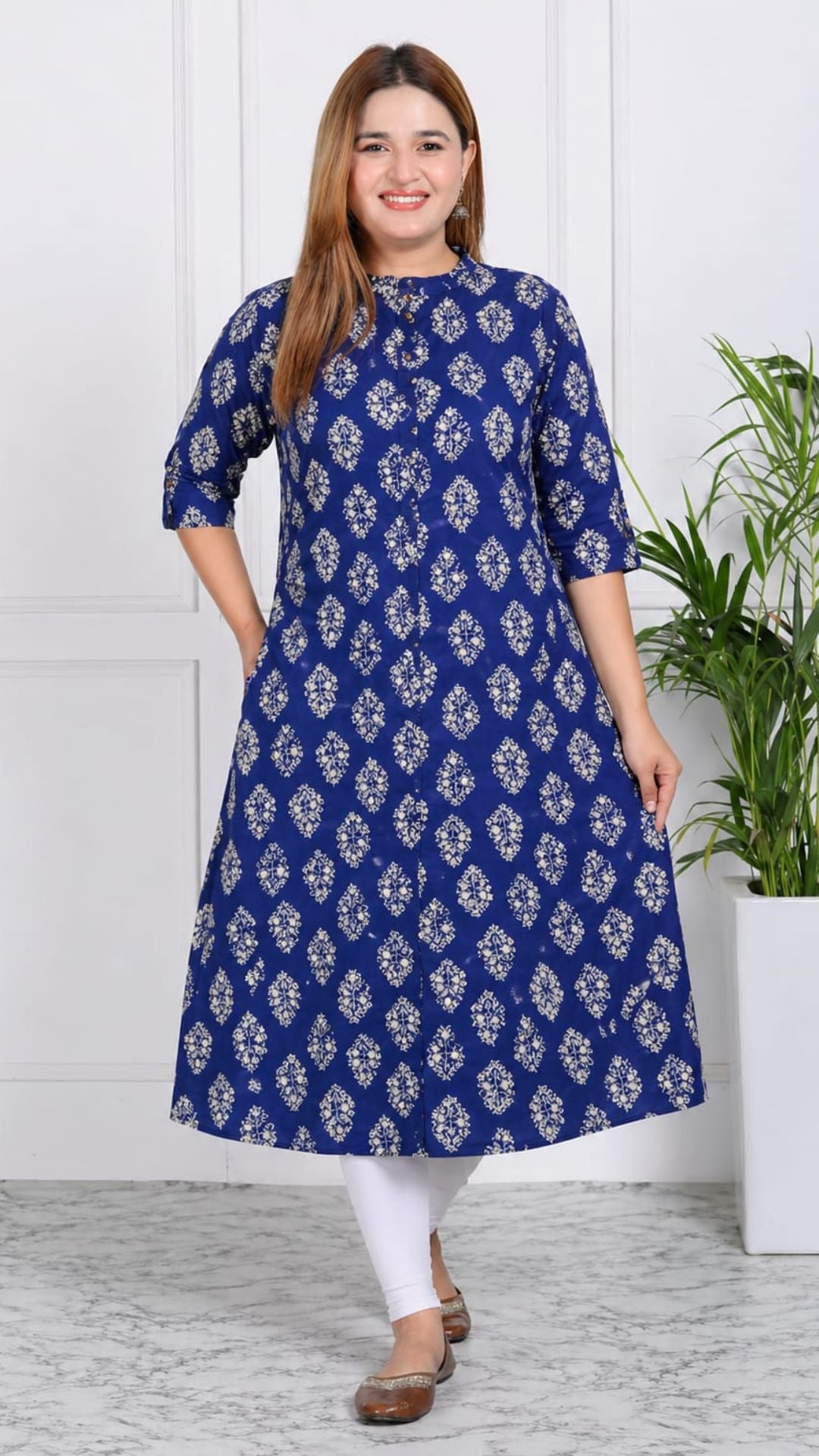 Ink Blue  Printed Cotton Princess Cut Side Closed Kurta  (Only Kurta)