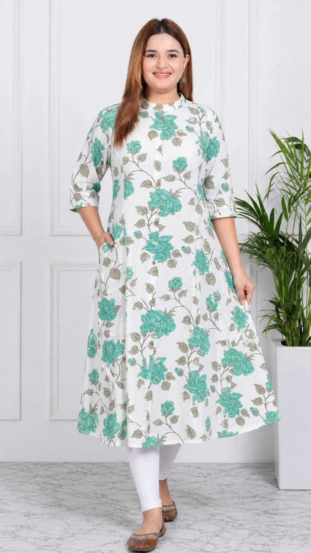 Half White  Printed Cotton Princess Cut Side Closed Kurta  (Only Kurta)
