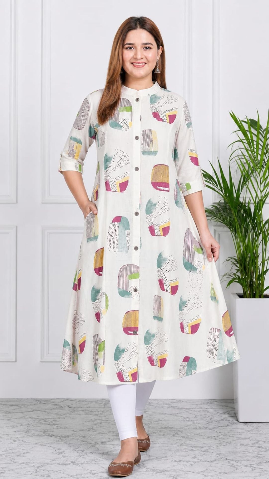 Half White  Printed Cotton Princess Cut Side Closed Kurta  (Only Kurta)