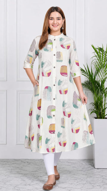 Half White  Printed Cotton Princess Cut Side Closed Kurta  (Only Kurta)