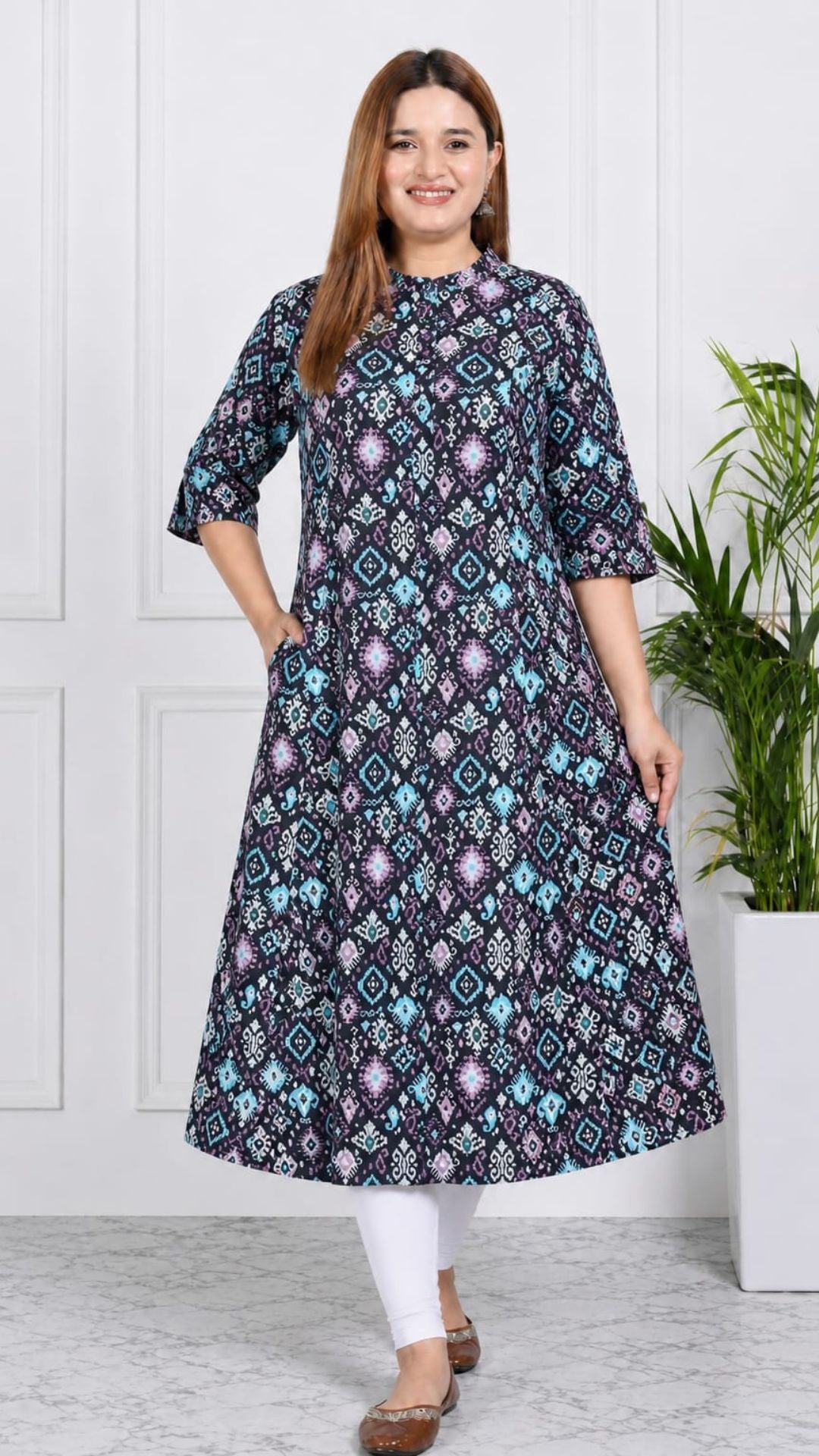 Black Printed Cotton Princess Cut Side Closed Kurta  (Only Kurta)