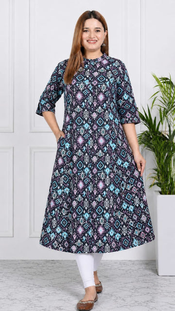 Black Printed Cotton Princess Cut Side Closed Kurta  (Only Kurta)