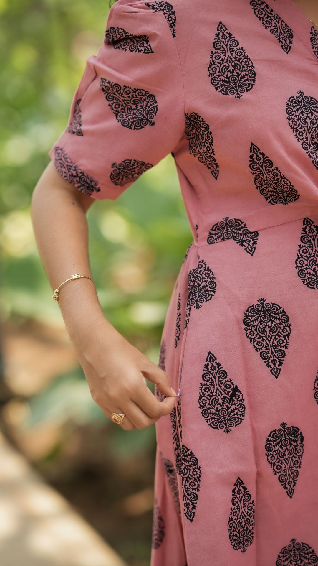 Dusty Pink Bagru Printed Layered Circular Maxi - Full Lining
