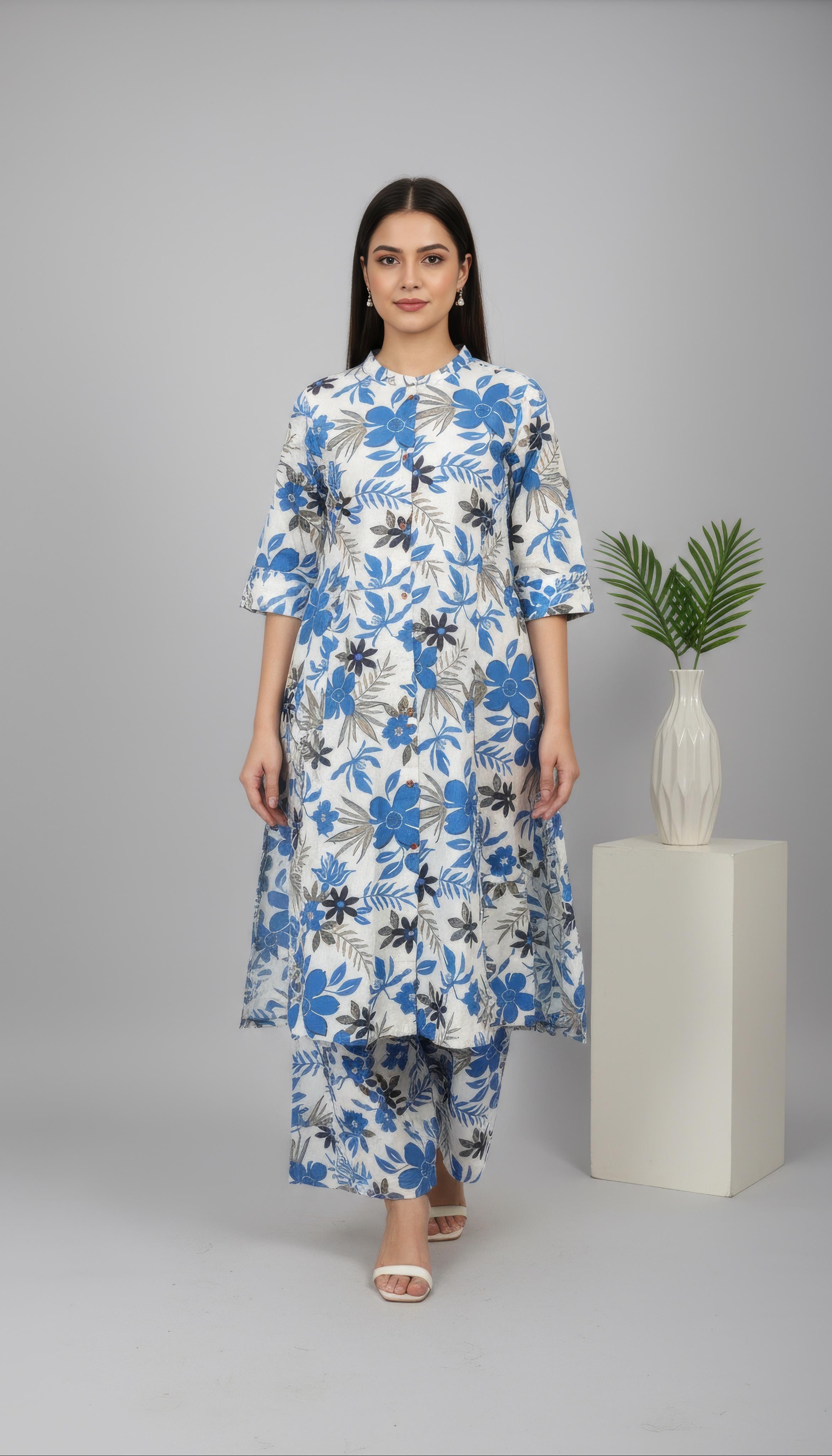 Blue Cotton Flex A-Line Co-Ord Set