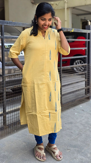 Skin Cotton Flex Kurti for Women | Half & Half Printed Straight Kurta with Mandarin Collar