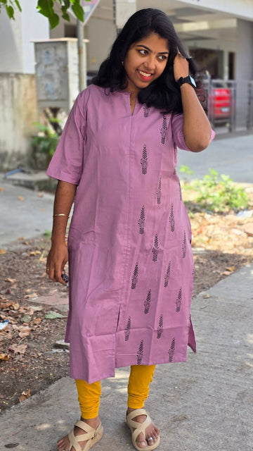 Lavender Cotton Flex Kurti for Women | Half & Half Printed Straight Kurta with Mandarin Collar