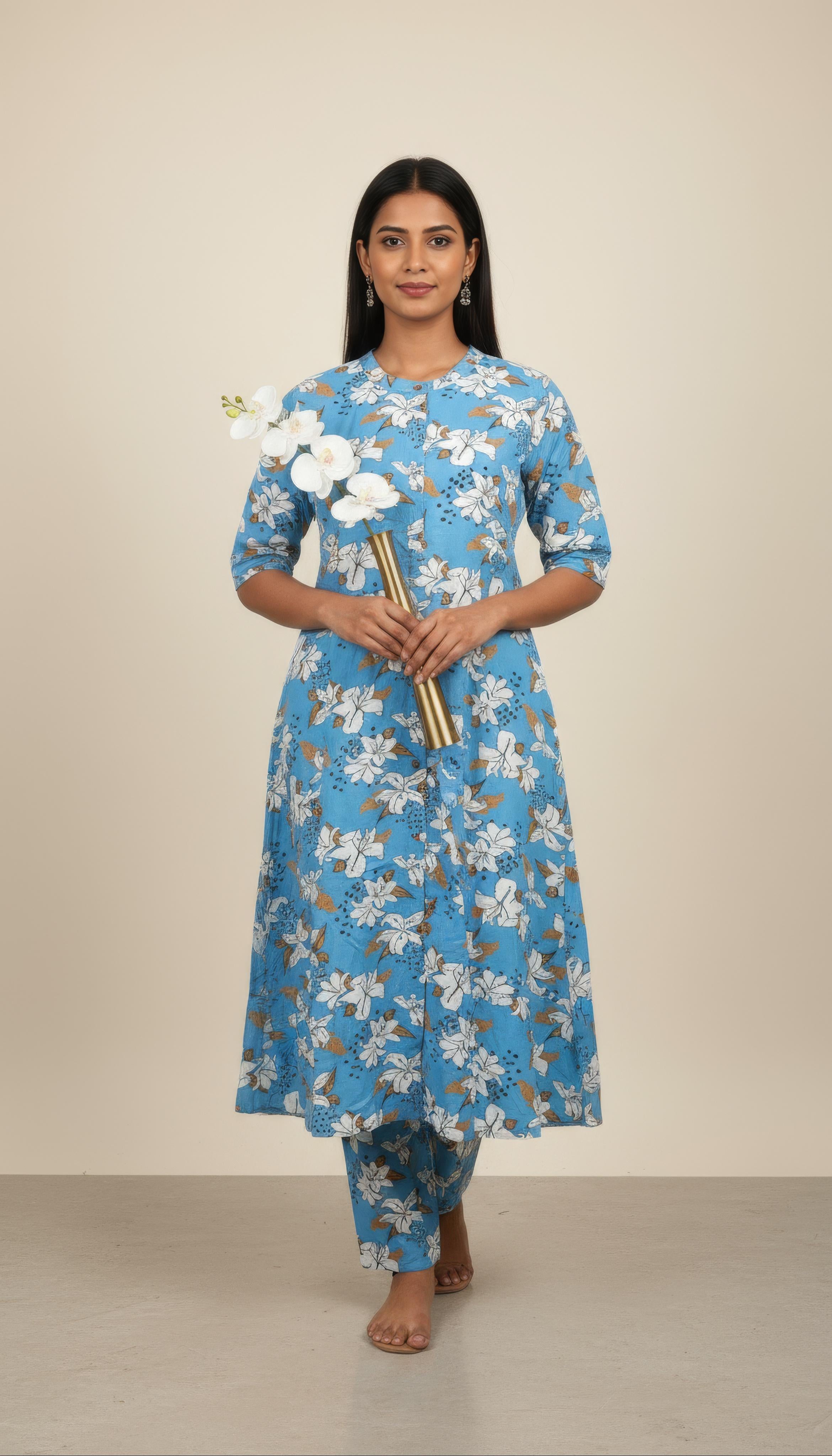 Sky Blue Cotton Flex A-Line Co-Ord Set