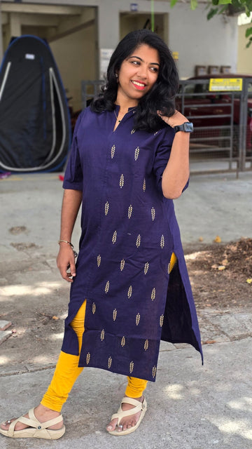 Navy Blue Cotton Flex Kurti for Women | Half & Half Printed Straight Kurta with Mandarin Collar