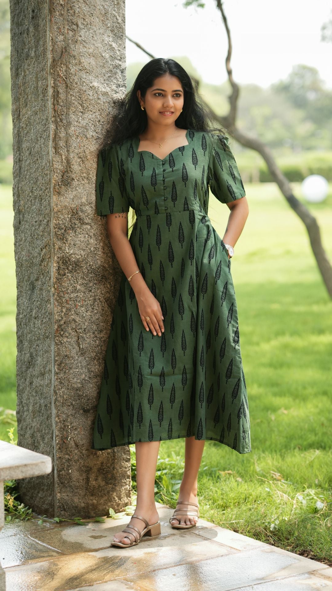 Sage Green Bagru Printed Circular Maxi - Full Lining