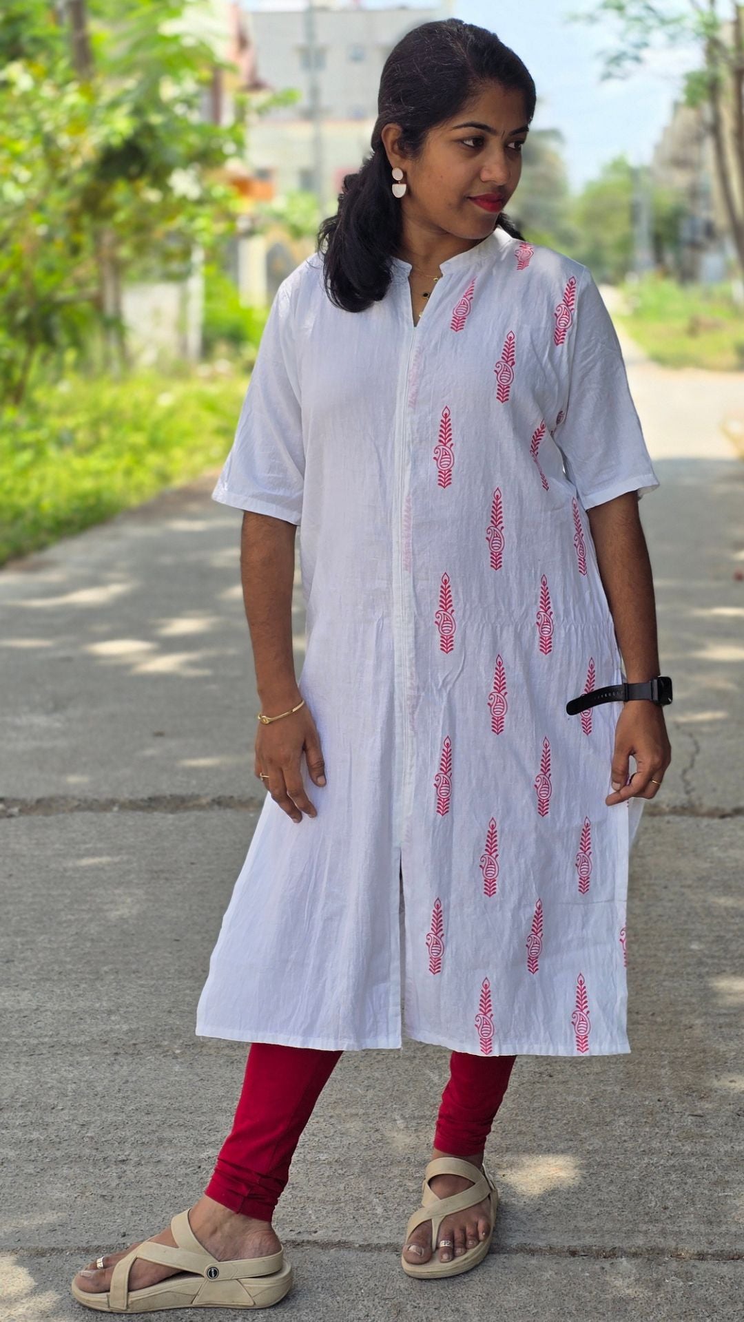White Cotton Flex Kurti for Women | Half & Half Printed Straight Kurta with Mandarin Collar