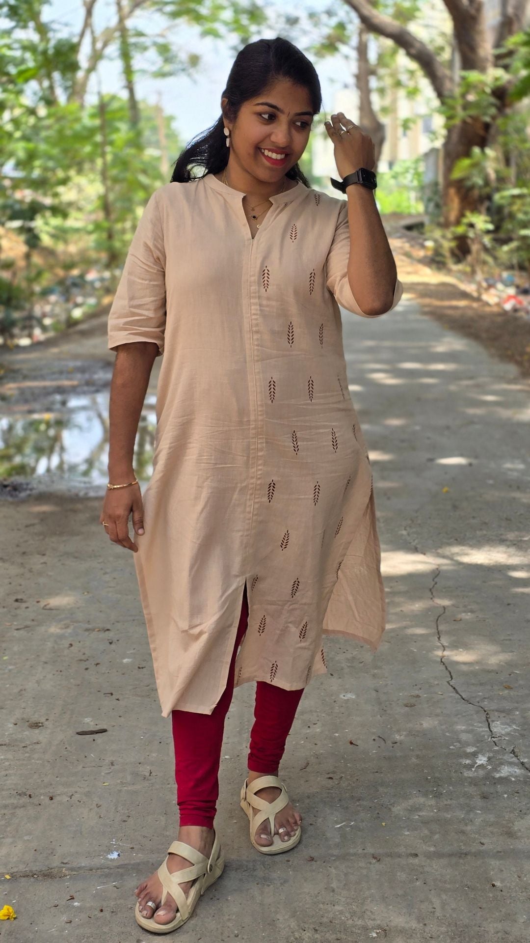 Beige Cotton Flex Kurti for Women | Half & Half Printed Straight Kurta with Mandarin Collar