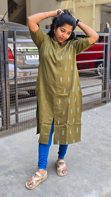 Mehandi Green  Cotton Flex Kurti for Women | Half & Half Printed Straight Kurta with Mandarin Collar