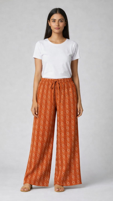 Rust Brown Cotton Printed Free Size Palazzo Pants