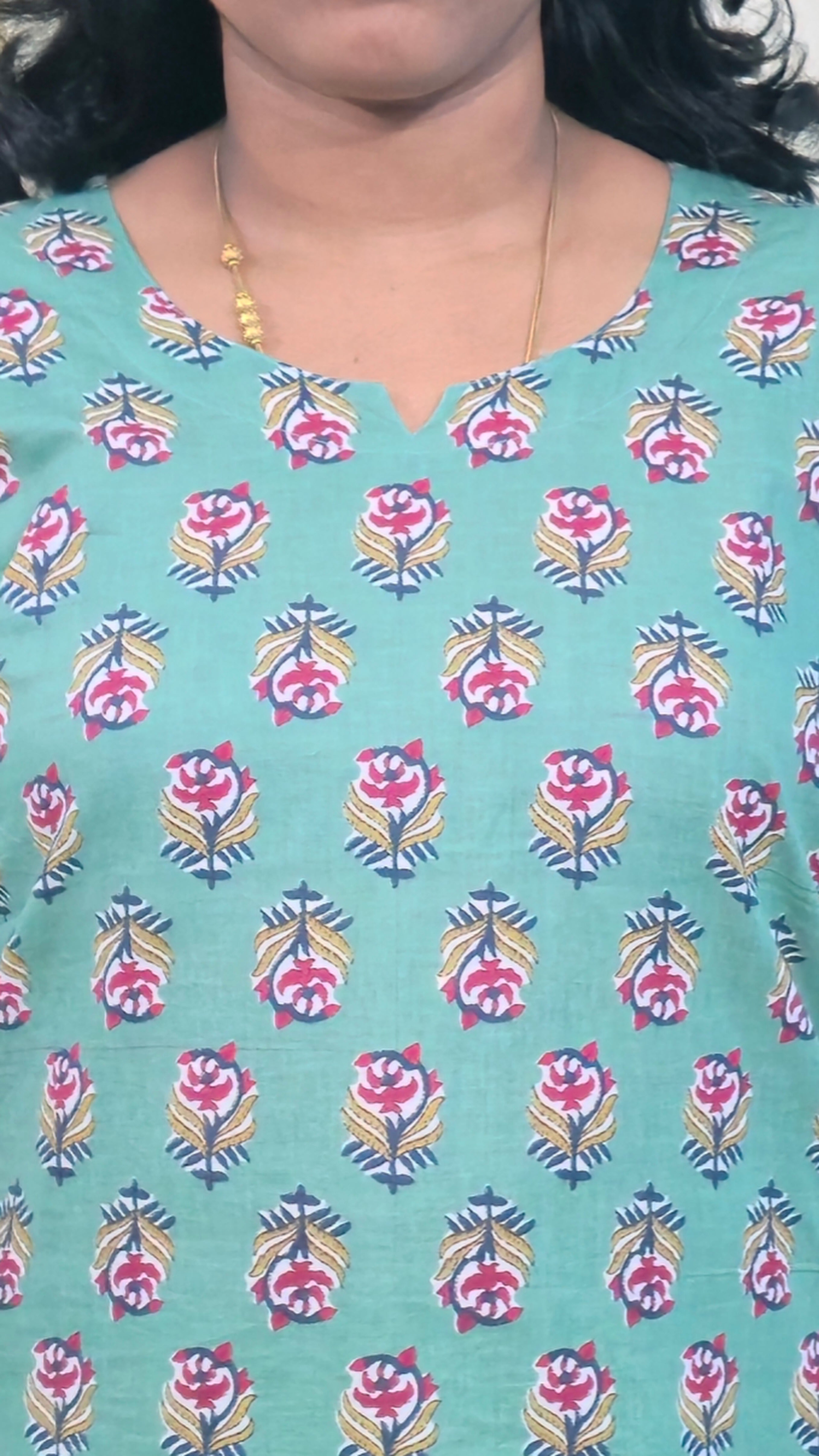 Blue Printed Cotton Mid Length Kurti with Trouser Co-Ord Set