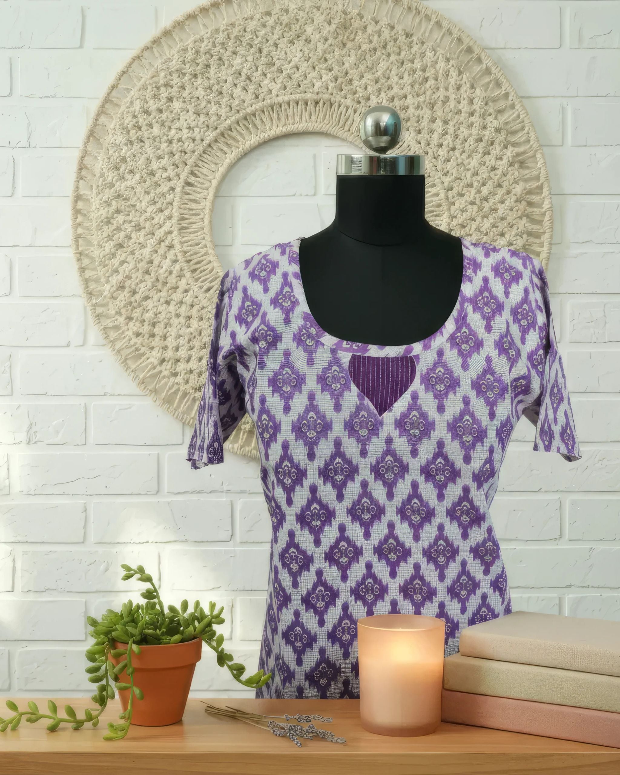 Lavender with White Cotton Side Slit Kurti | 40–42 Inch Length | Comfort Fit with 4-Inch Hip Ease | Sizes S to 5XL