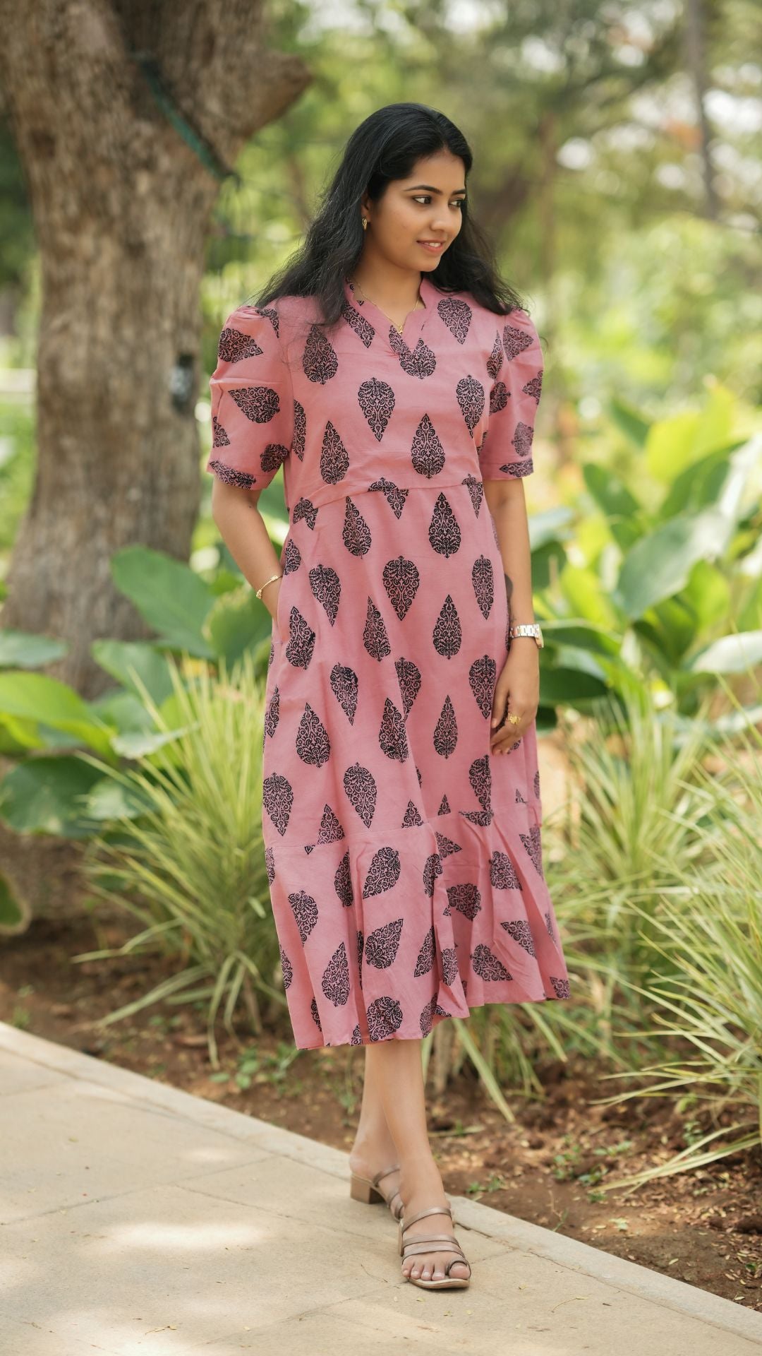 Dusty Pink Bagru Printed Layered Circular Maxi - Full Lining