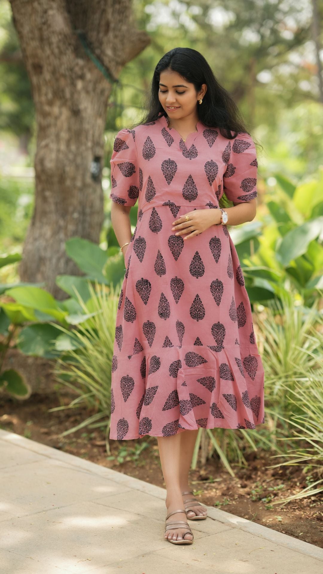 Dusty Pink Bagru Printed Layered Circular Maxi - Full Lining