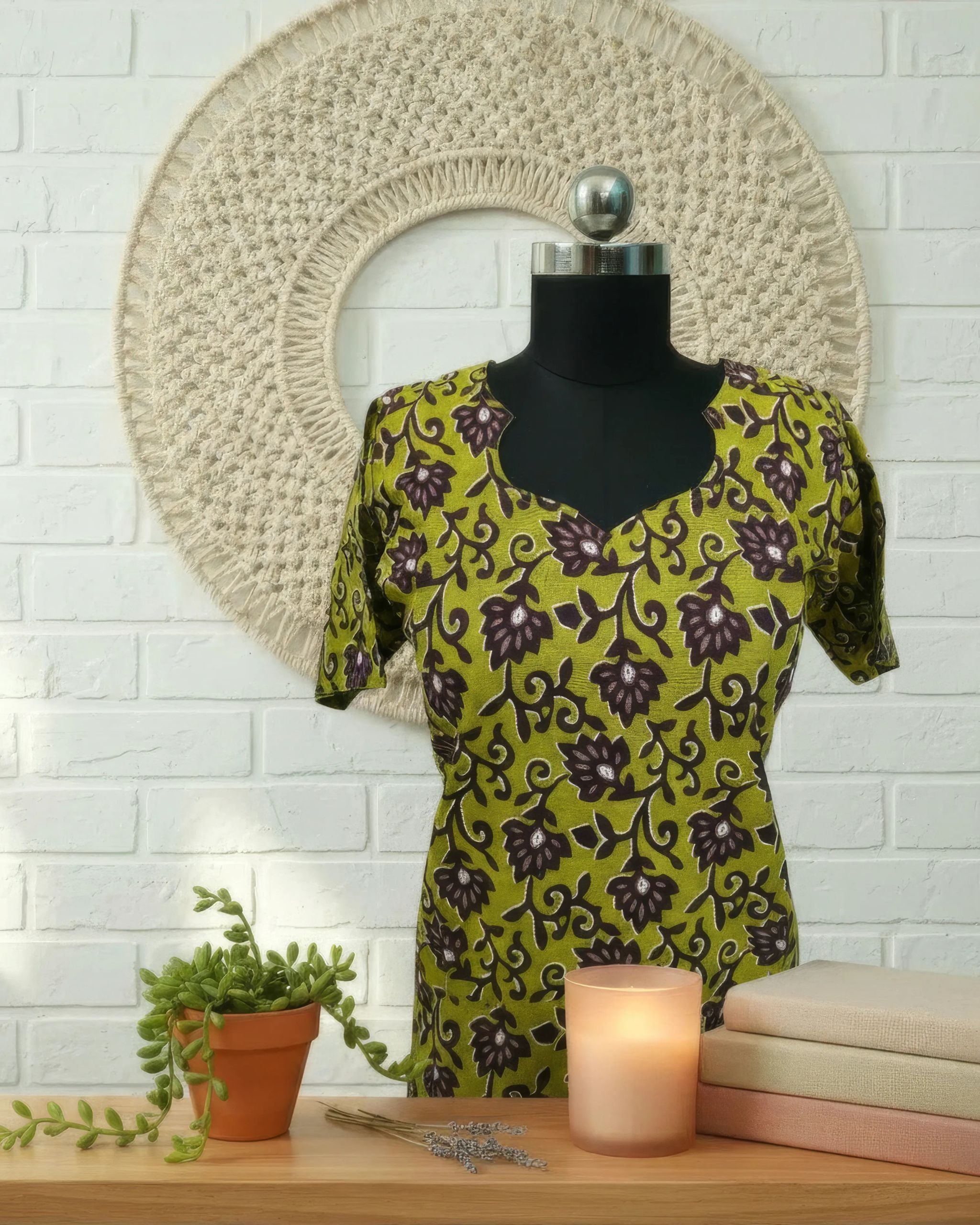 Mehndi Green Cotton Half Sleeve Kurti | 40–42 Inch Length | Comfort Fit with 4-Inch Hip Ease | Sizes S to 5XL
