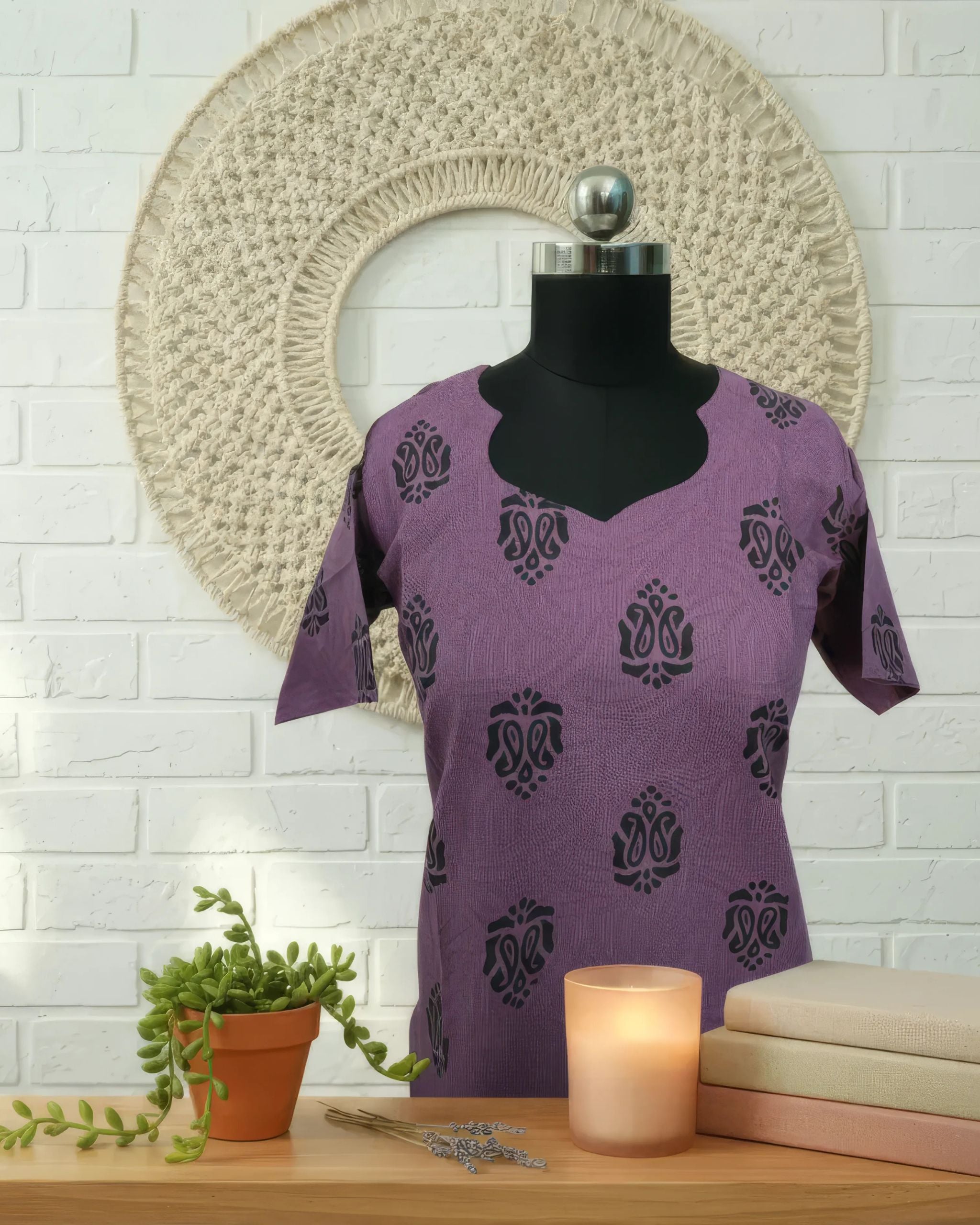 Purple Cotton Half Sleeve Kurti | 40–42 Inch Length | Comfort Fit with 4-Inch Hip Ease | Sizes S to 5XL