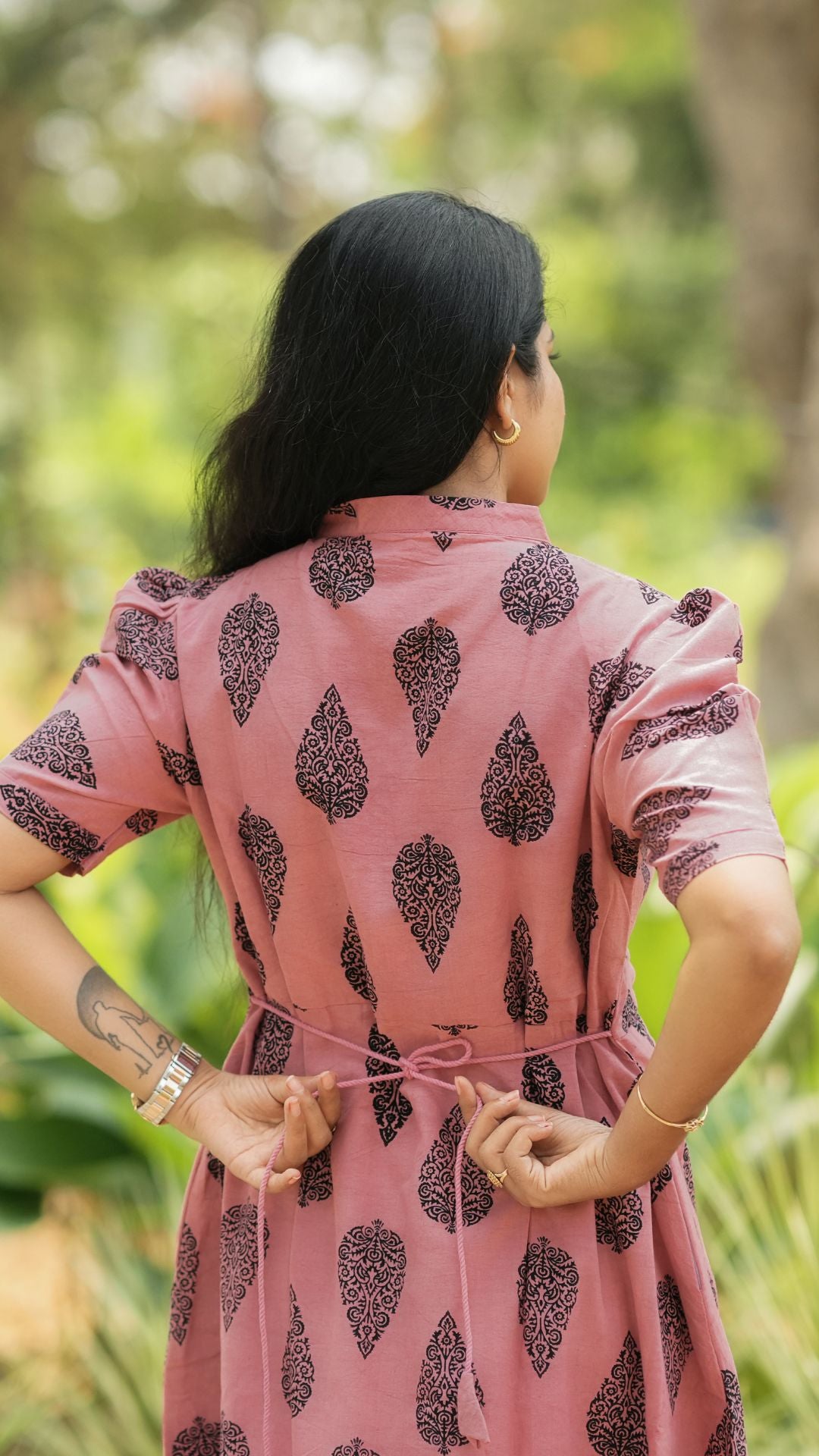 Dusty Pink Bagru Printed Layered Circular Maxi - Full Lining