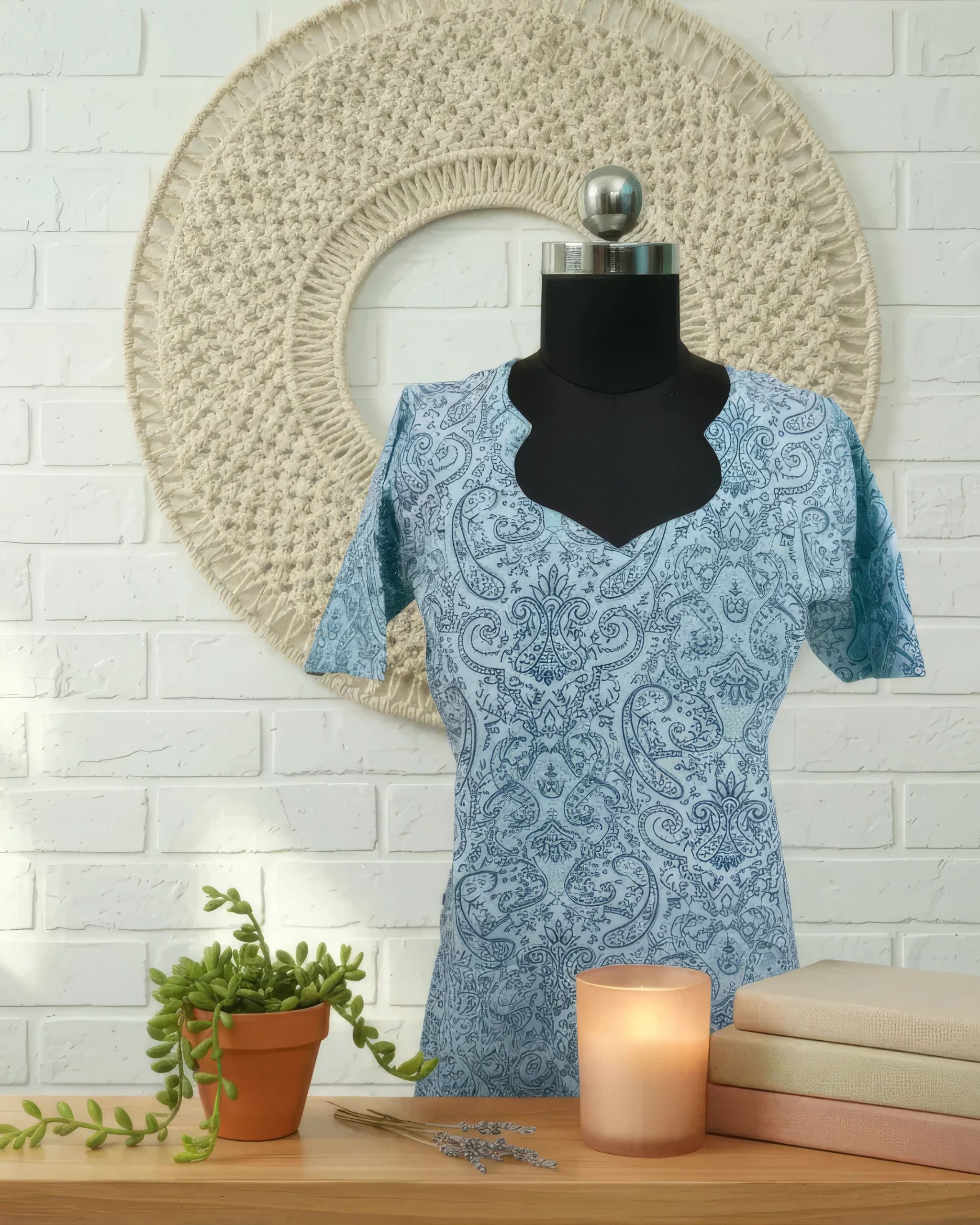 Sky Blue Green Cotton Half Sleeve Kurti | 40–42 Inch Length | Comfort Fit with 4-Inch Hip Ease | Sizes S to 5XL