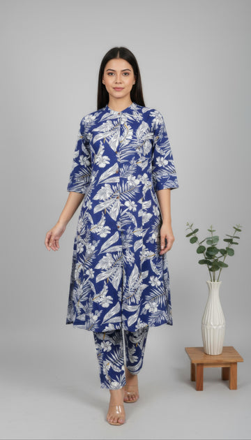 Ink Blue Cotton Flex Aline Co-Ord Set for Women | Office & Daily Wear