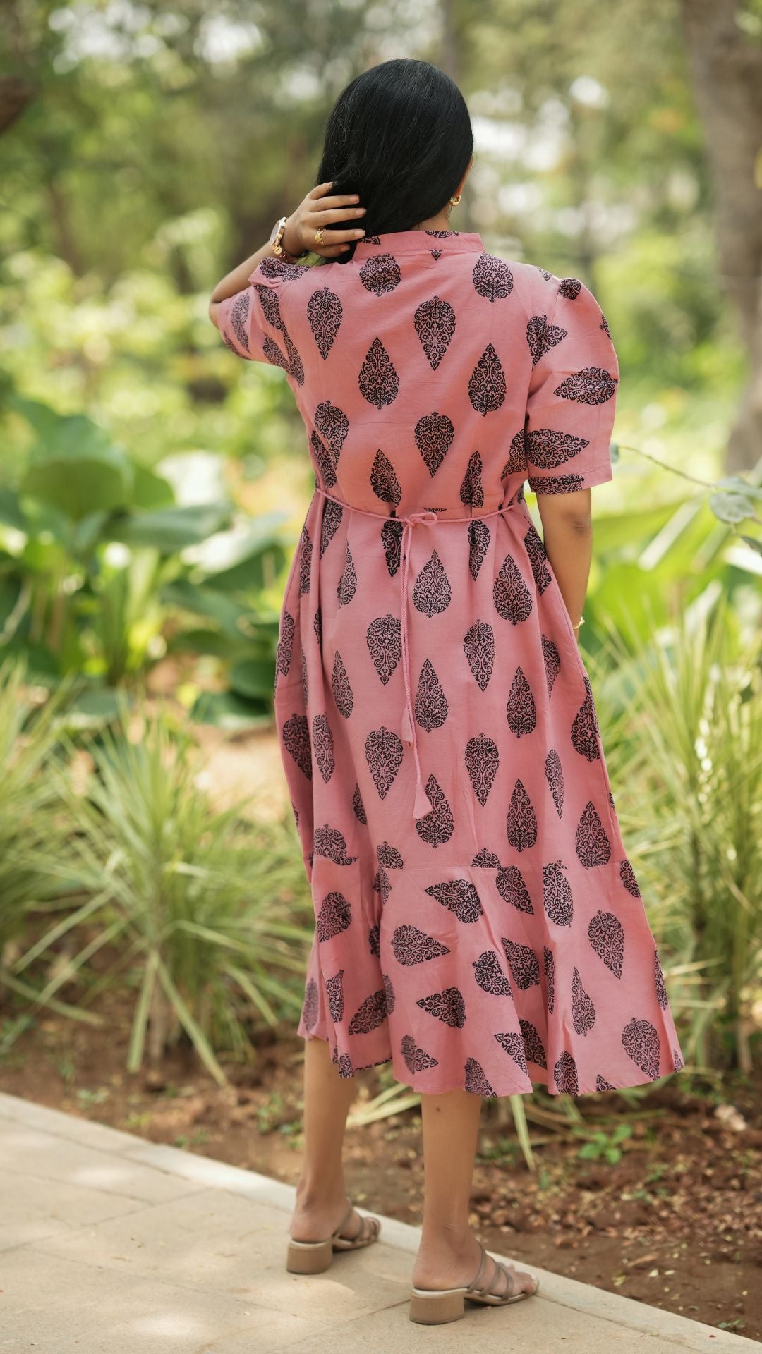 Dusty Pink Bagru Printed Layered Circular Maxi - Full Lining
