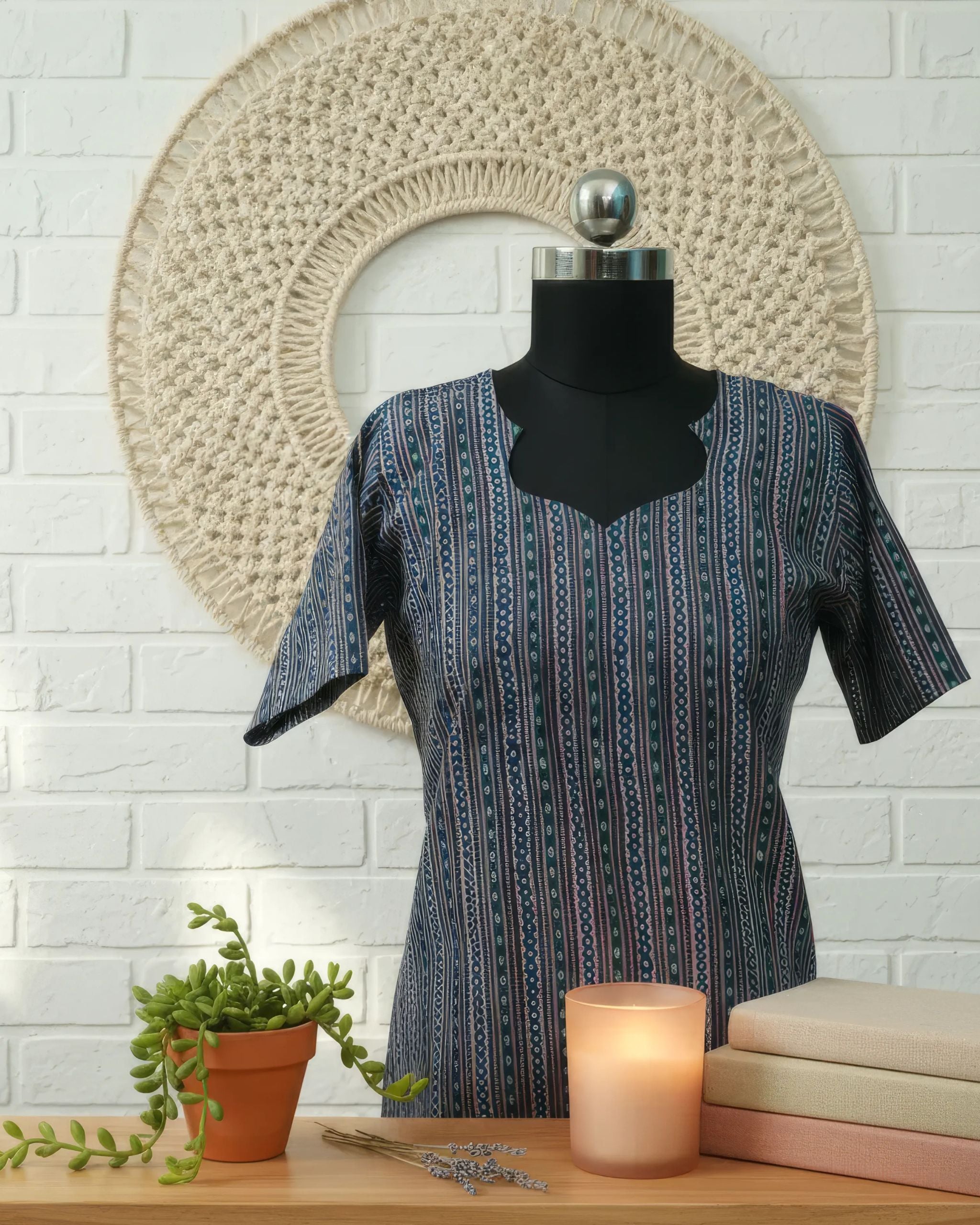Green Stripes Cotton Half Sleeve Kurti | 40–42 Inch Length | Comfort Fit with 4-Inch Hip Ease | Sizes S to 5XL