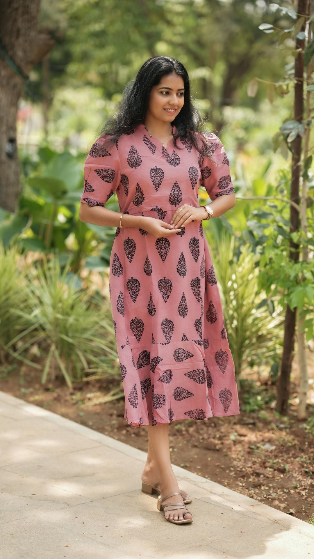 Dusty Pink Bagru Printed Layered Circular Maxi - Full Lining