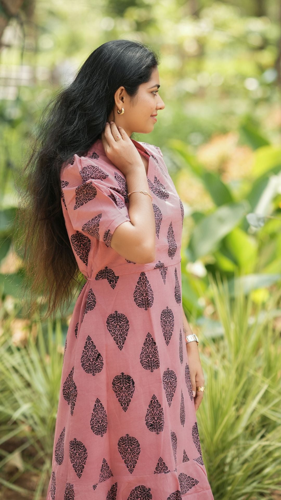 Dusty Pink Bagru Printed Layered Circular Maxi - Full Lining