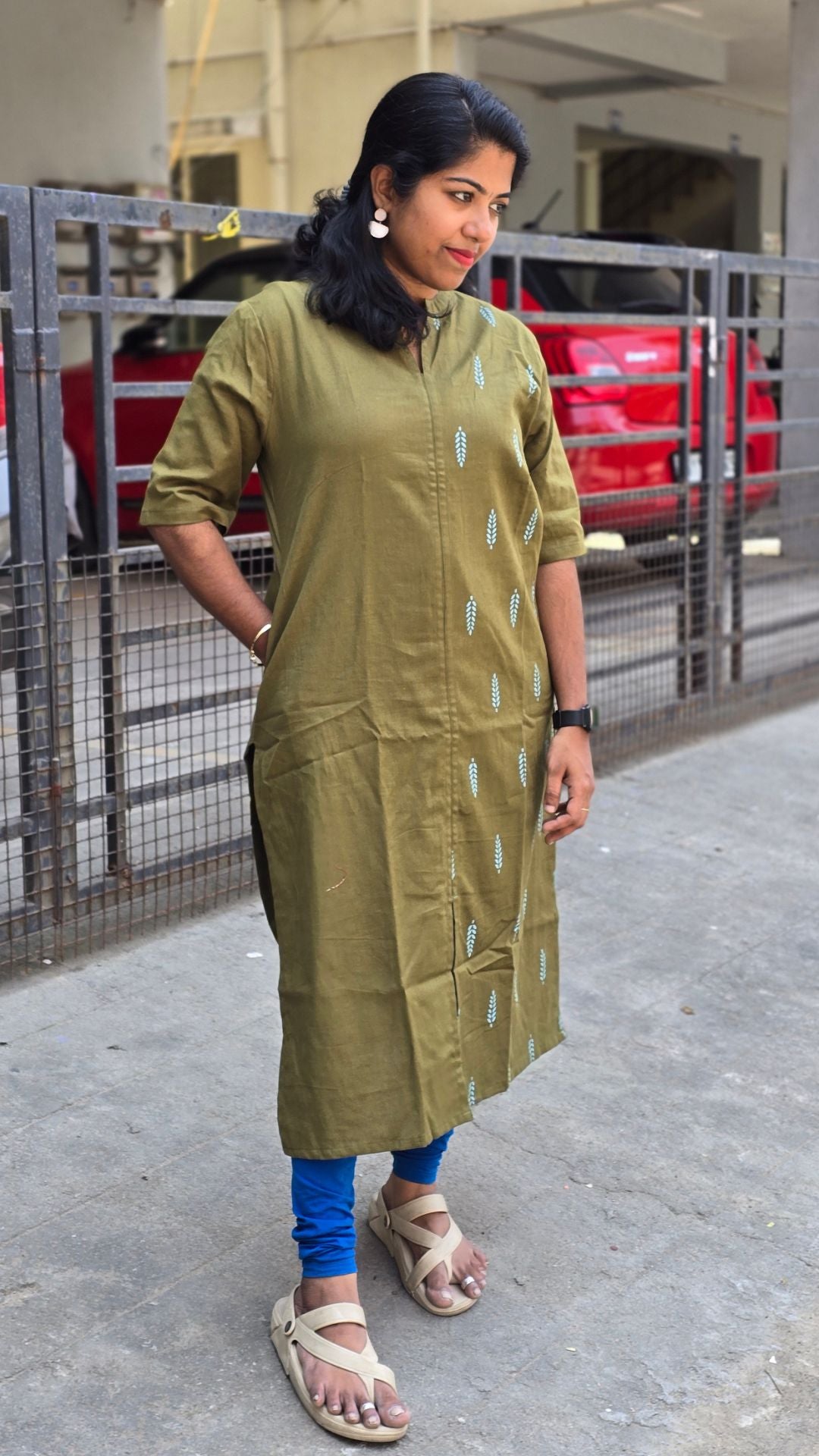 Mehandi Green  Cotton Flex Kurti for Women | Half & Half Printed Straight Kurta with Mandarin Collar